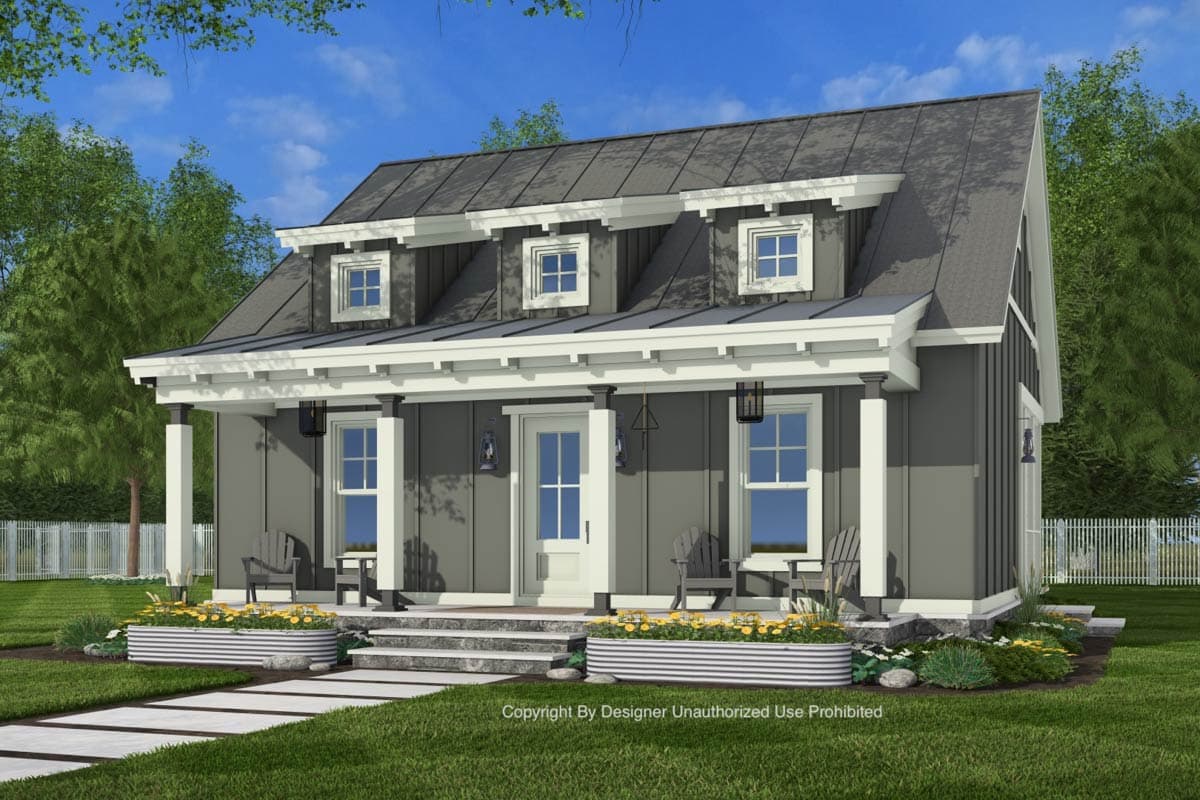 House plan exterior: Modern Farmhouse style, two stories, featuring a metal roof, dormers, and a full-width covered porch with columns.