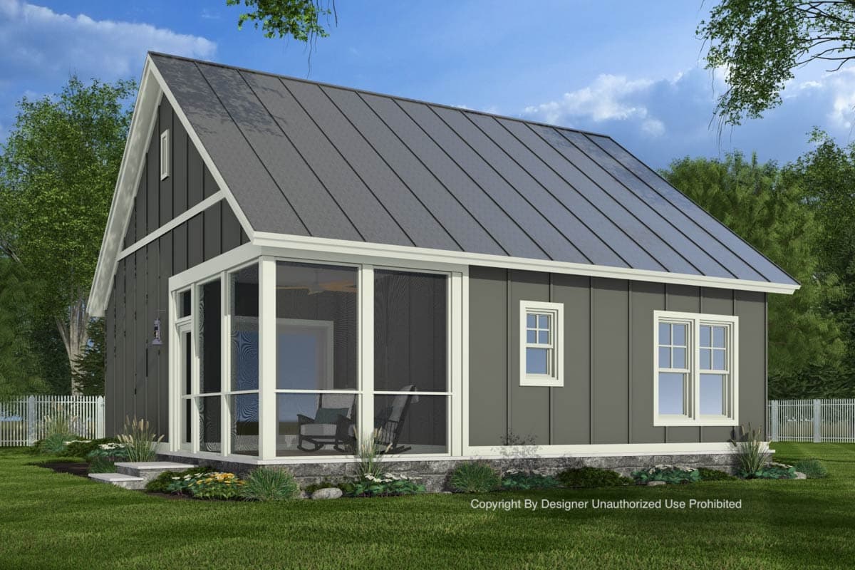 House plan exterior: modern farmhouse style, one story, with a metal gable roof, vertical siding, and screened porch.