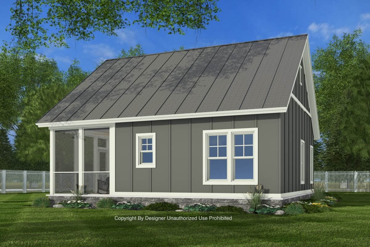 House plan exterior: one-story cottage with metal roof, board and batten siding, two-window dormer, and screened porch.