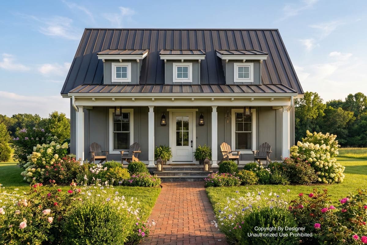 A charming gray farmhouse with a dark metal roof and white trim is fronted by a brick path and a vibrant flower garden.