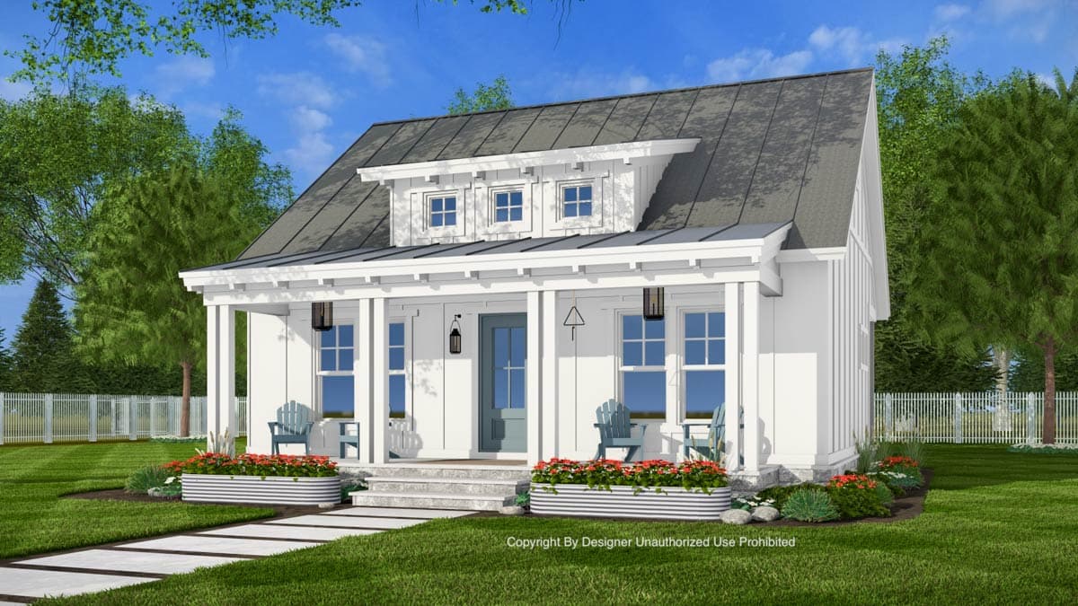 Modern Farmhouse house plan exterior with metal roof, prominent dormer, wide porch, and vertical siding.