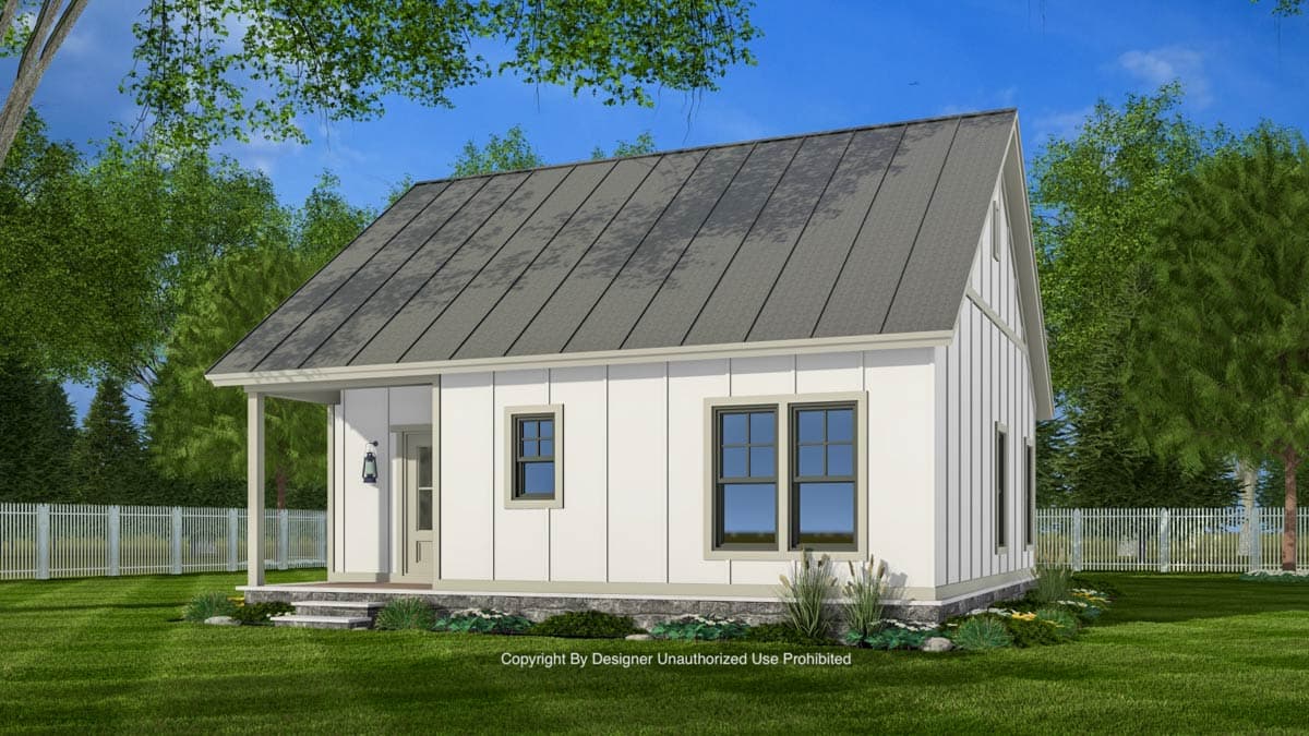 House plan exterior: Modern farmhouse style, one story, with a metal gable roof, a covered front porch, and board and batten siding.
