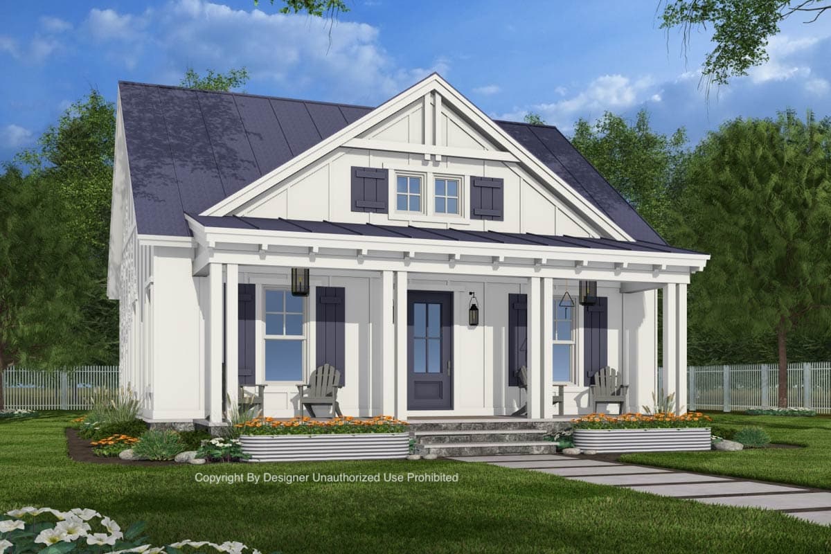 House plan exterior: Modern Farmhouse style, one story, with a full front porch, gabled dormer, and vertical board-and-batten siding.