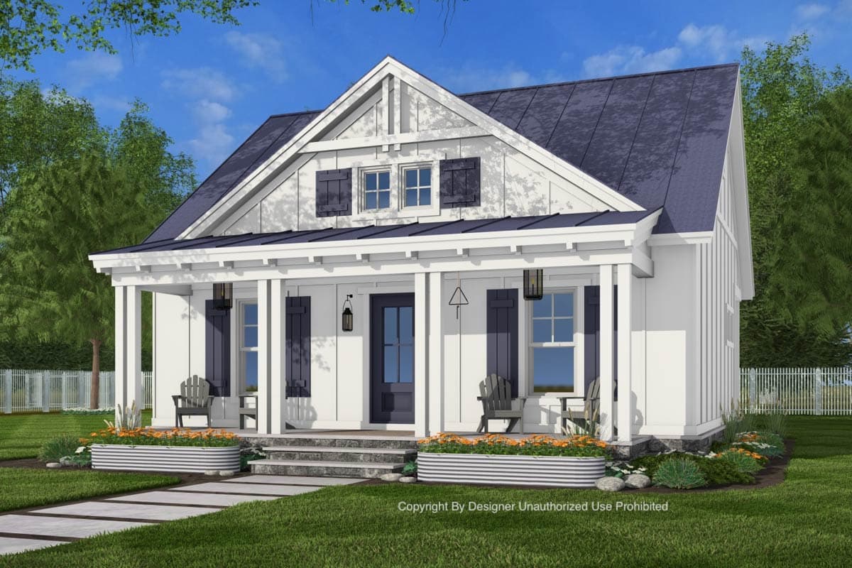 Modern Farmhouse house plan exterior with a covered porch, board and batten siding, and a standing seam metal roof.