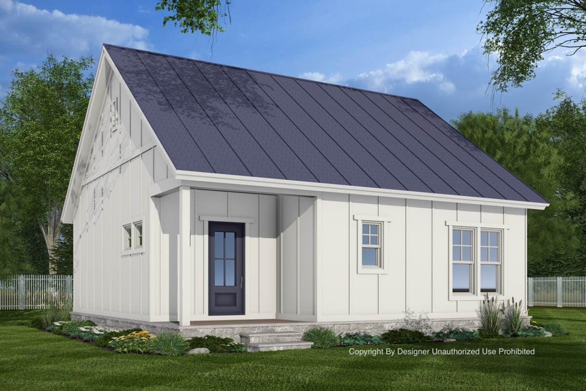 House plan exterior of a white board and batten cottage with a dark metal gable roof, small covered porch, and multiple windows.