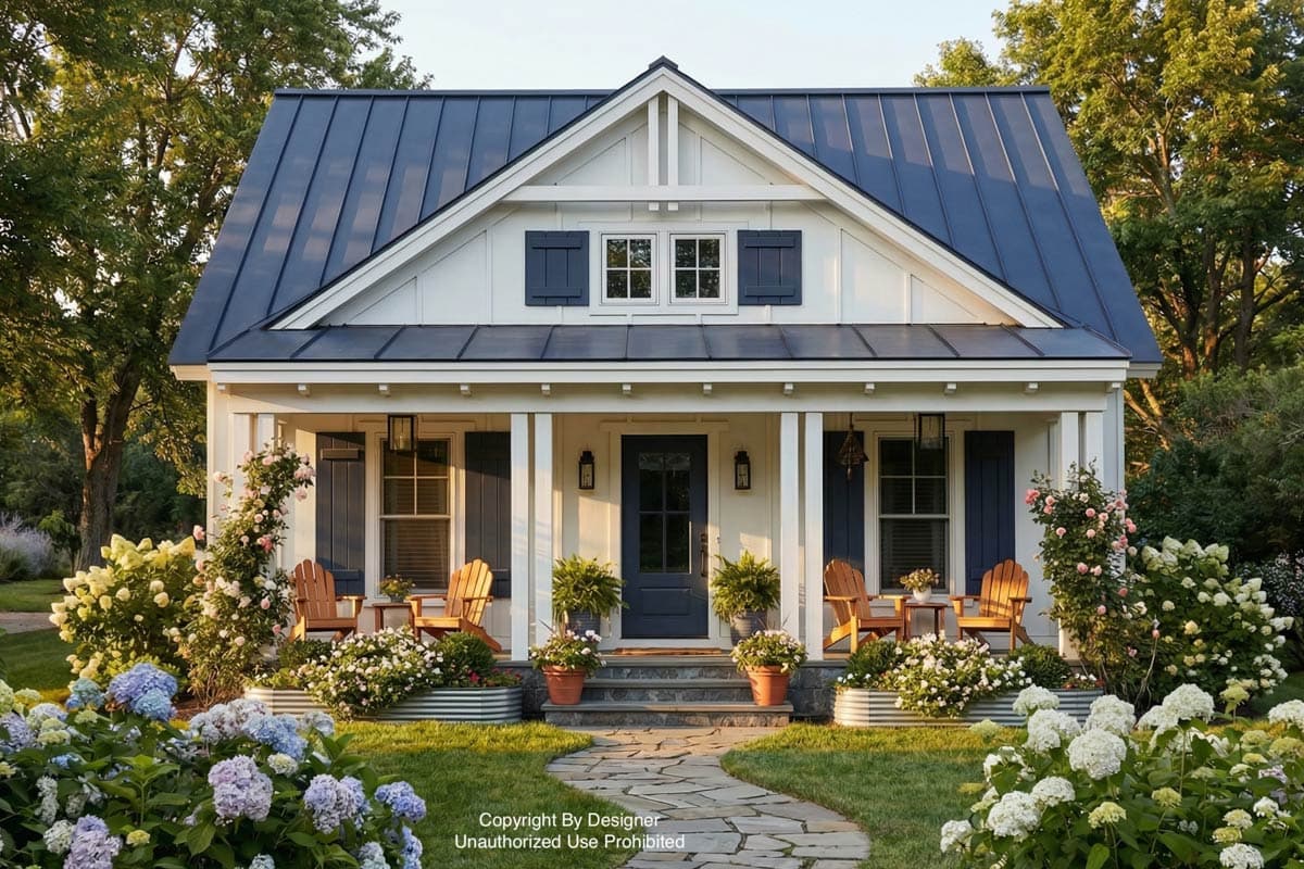 A charming white cottage with a navy blue roof and shutters. A stone path leads to the porch with chairs, surrounded by lush landscaping.
