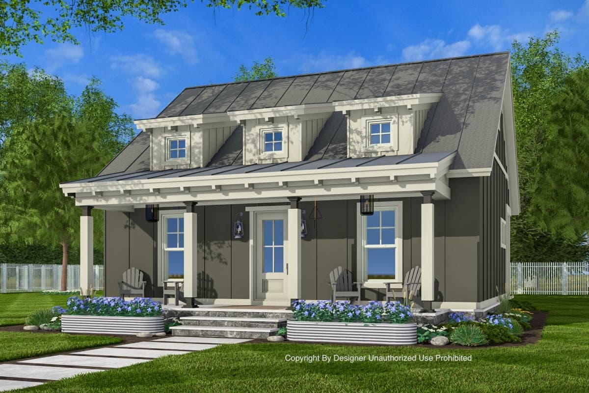 House plan exterior: Modern farmhouse style, two stories, with a covered porch, three dormers, and board-and-batten siding.