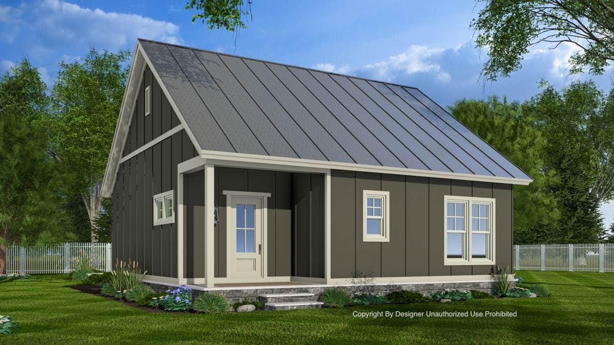 Modern Farmhouse style house plan exterior, one story, with a covered front porch, gable, and standing seam metal roof.