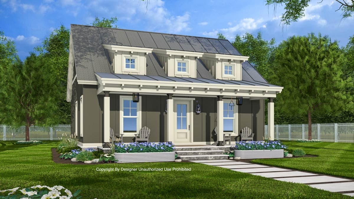 House plan exterior: Two-story Modern Farmhouse with metal roof, front porch supported by columns, and three dormers.