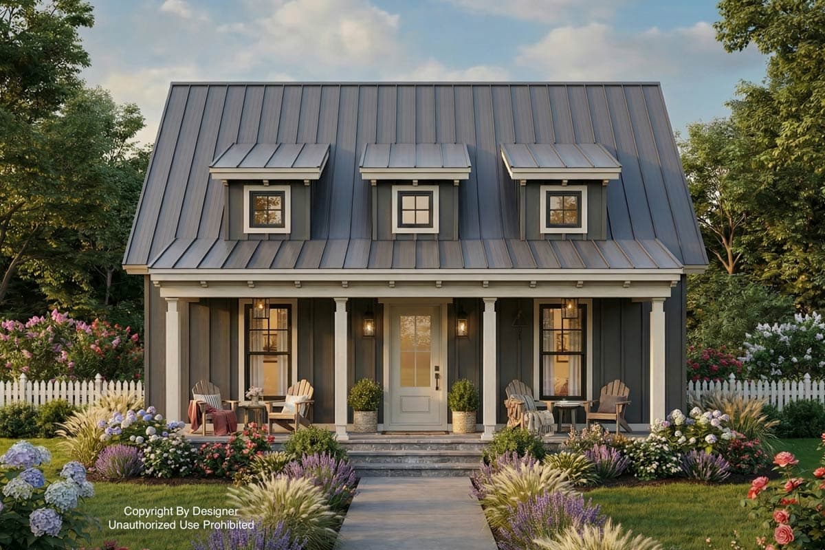 A charming, dark grey farmhouse with three dormer windows, a front porch, and a lush garden. The pathway leads to a white door, inviting ambiance.