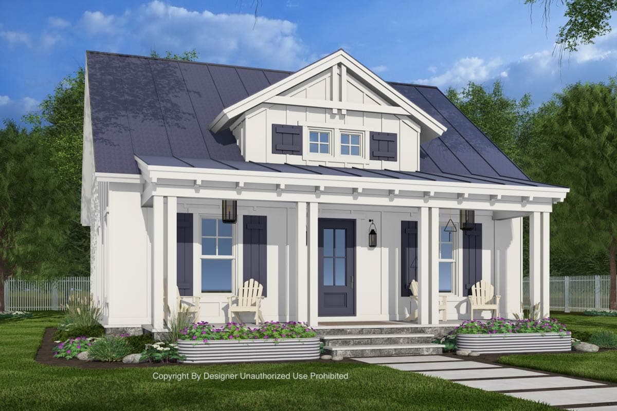 House plan exterior: Modern Farmhouse style, two stories, with a covered front porch, gabled dormer, and board and batten siding.