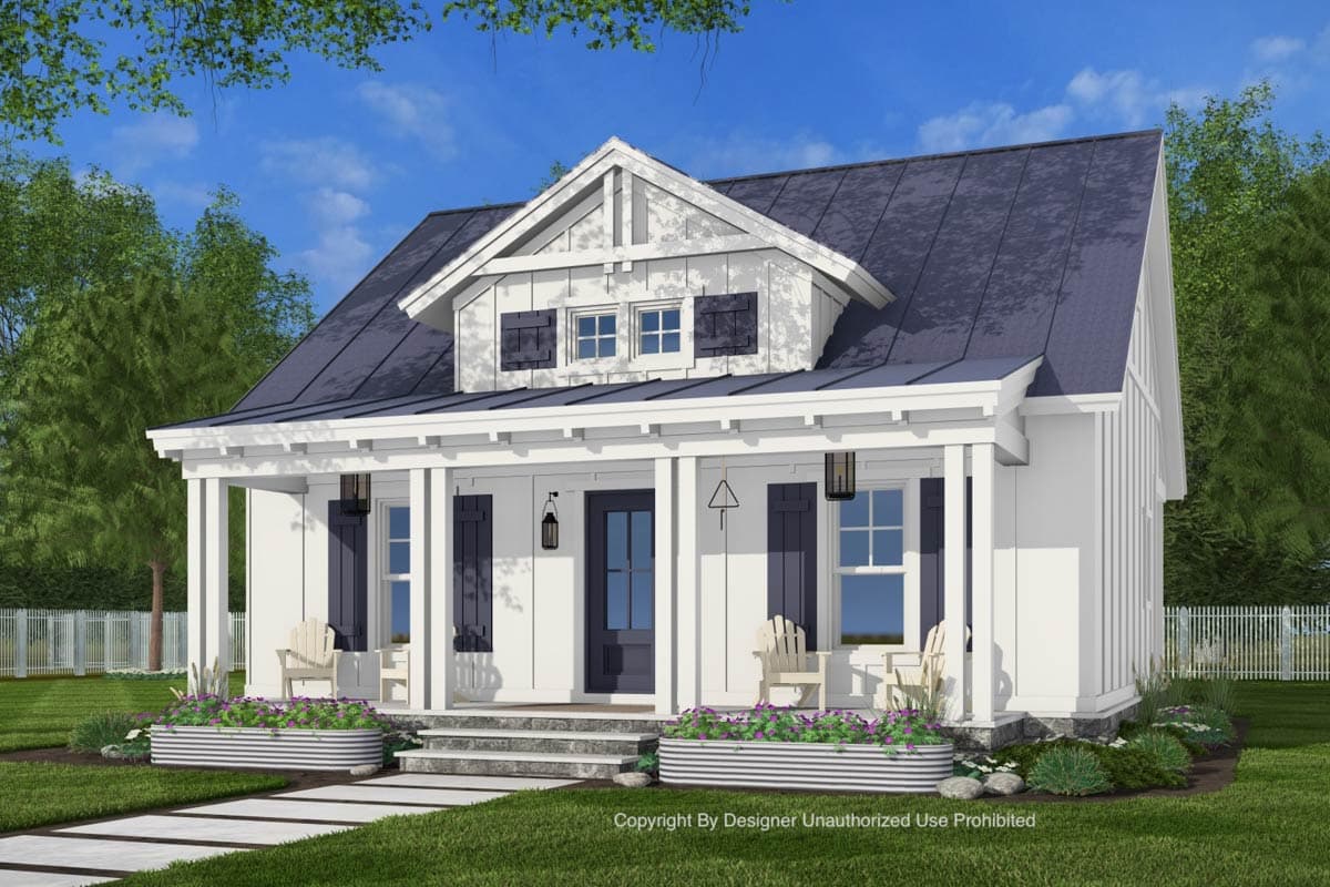 Modern farmhouse house plan exterior with a metal roof, prominent gable dormer, and covered front porch with white board and batten siding.