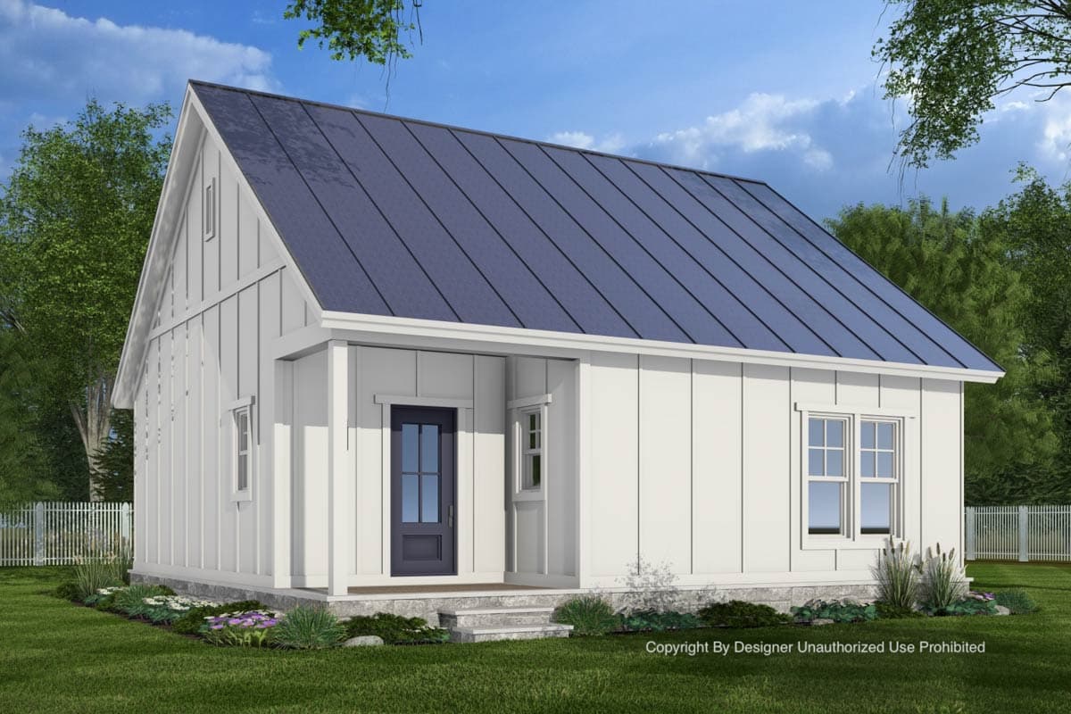 House plan exterior of a white, vertical board-and-batten sided, one-story home with a dark metal roof, covered front porch, and two windows.