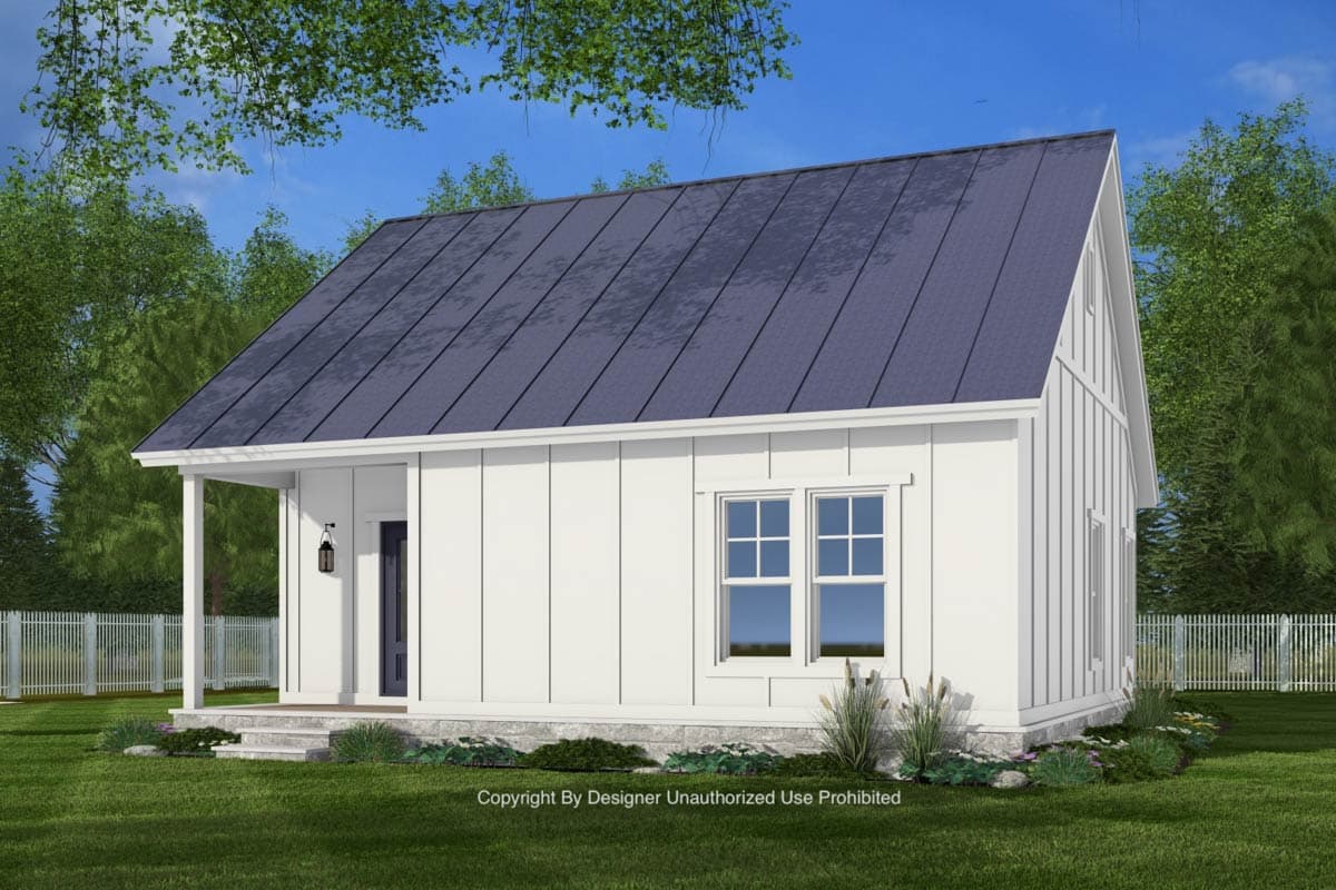 Modern Farmhouse house plan exterior with standing seam metal roof, board and batten siding, and covered front porch.