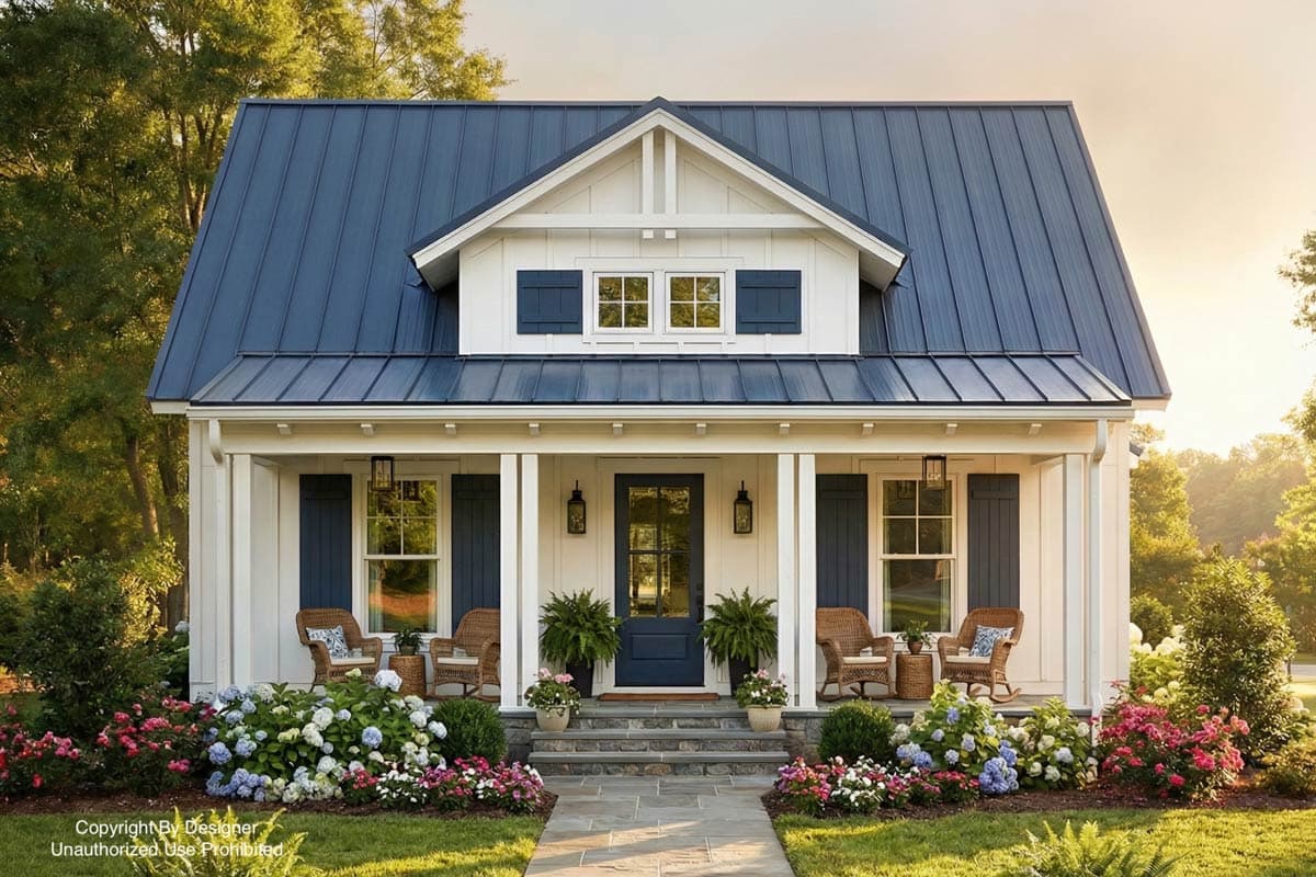 A charming white cottage with a blue metal roof and shutters, a welcoming porch, and vibrant flower beds leading up to the front door.