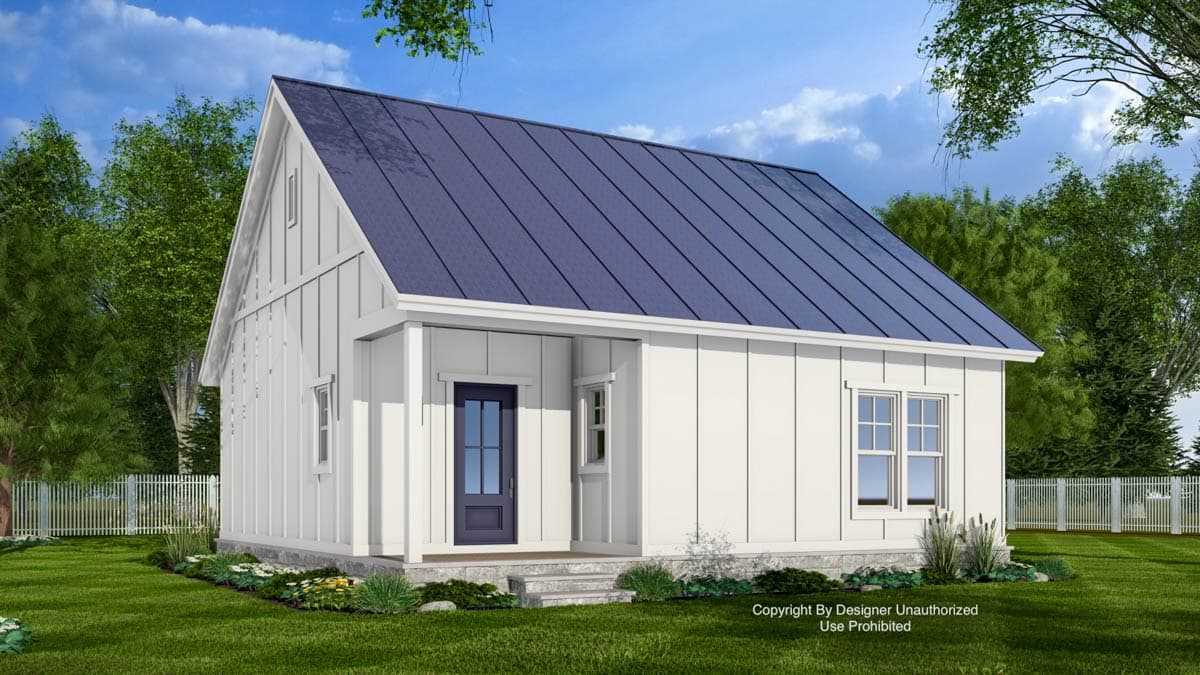 Modern Farmhouse house plan exterior, one story, with board and batten siding, gabled roof, and covered entry.