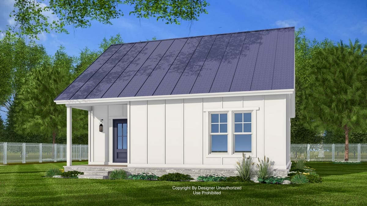 Modern Farmhouse house plan exterior with board and batten siding, metal roof, covered porch, and two windows.