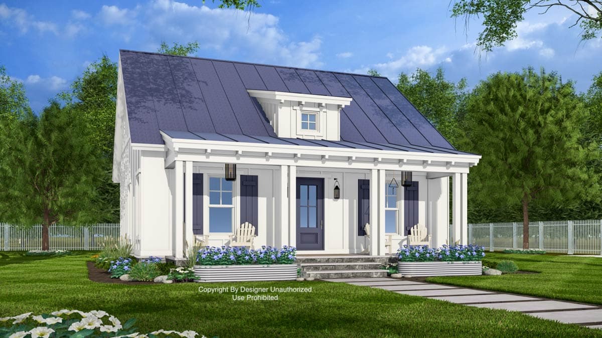House plan exterior of a one-story Modern Farmhouse with a standing seam metal roof, front porch, and dormer.