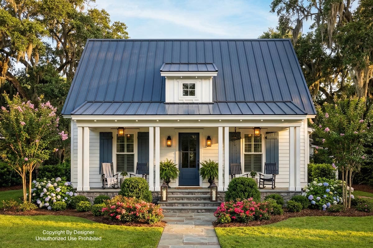 A charming cottage-style home with a navy blue metal roof and porch, surrounded by lush landscaping and a stone pathway leading to the entrance.