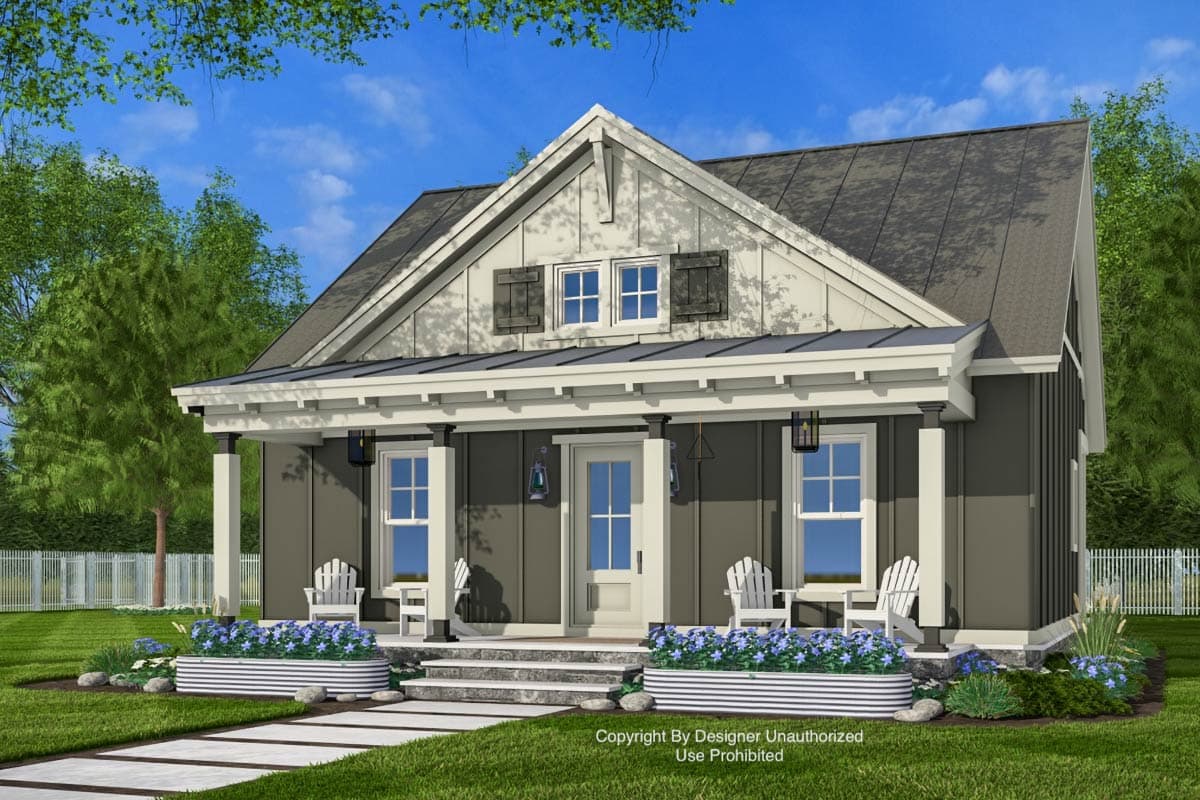House plan exterior: Modern Farmhouse style, one story, with covered porch, metal roof, and decorative gable vents.