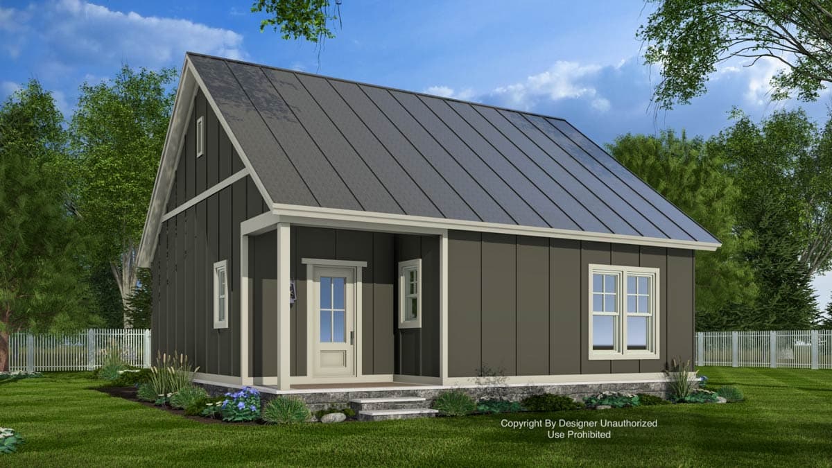 House plan exterior: Modern Farmhouse style, one story, featuring a covered front porch, vertical siding, and a metal gable roof.