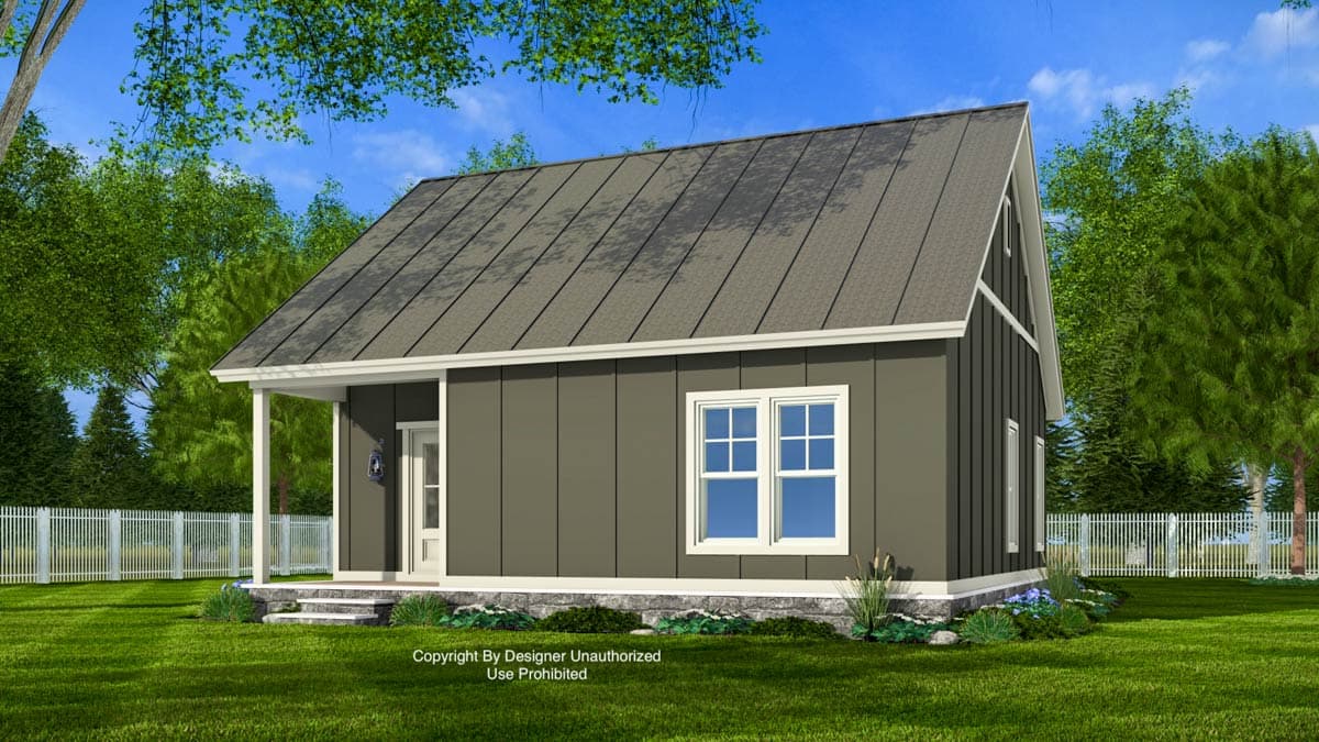House plan exterior of a one-story Modern Farmhouse with a gabled roof, front porch, and vertical siding.