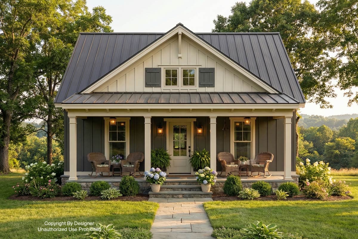 A charming cottage with a dark gray roof and siding, a welcoming porch with rocking chairs, and lush landscaping, set against a backdrop of trees.