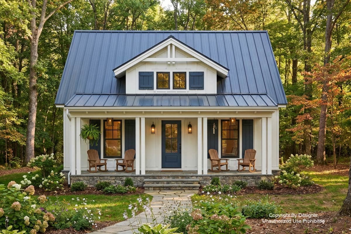 A charming white farmhouse with a blue metal roof and porch, nestled in a lush, green forest with a stone walkway leading to the front door.
