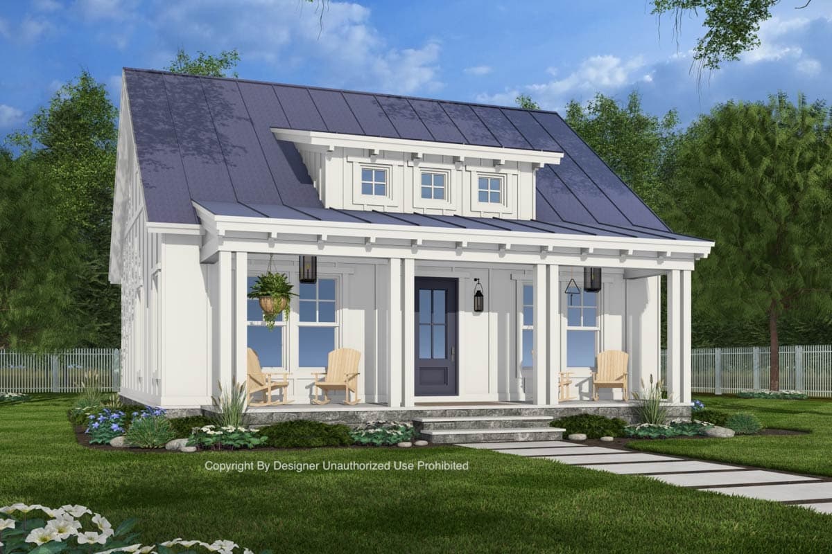 Modern Farmhouse house plan exterior with a prominent gable, large front porch with white columns, and dormer windows.