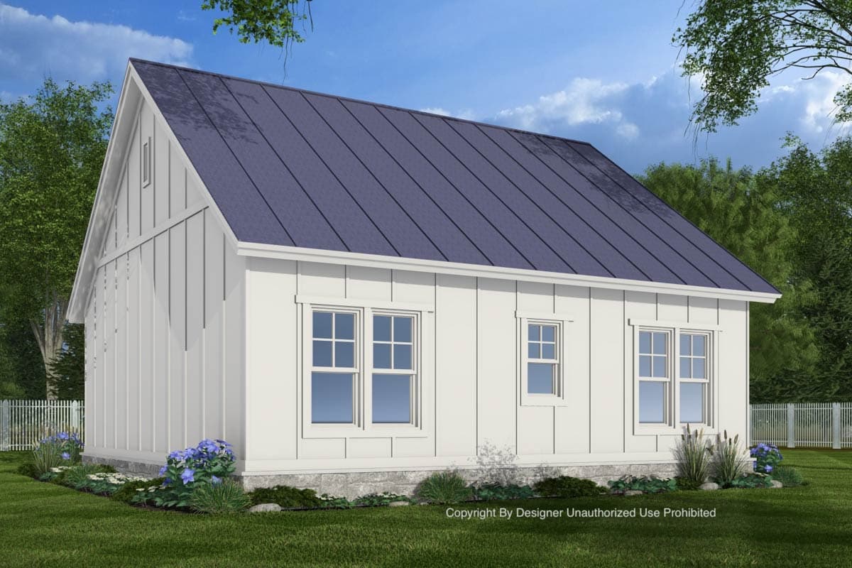 House plan exterior of a one-story Modern Farmhouse with vertical siding, metal gable roof, and multiple pane windows.