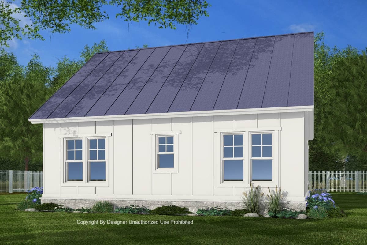 House plan exterior of a Modern Farmhouse style home with a standing seam metal roof, board and batten siding, and multiple casement windows.