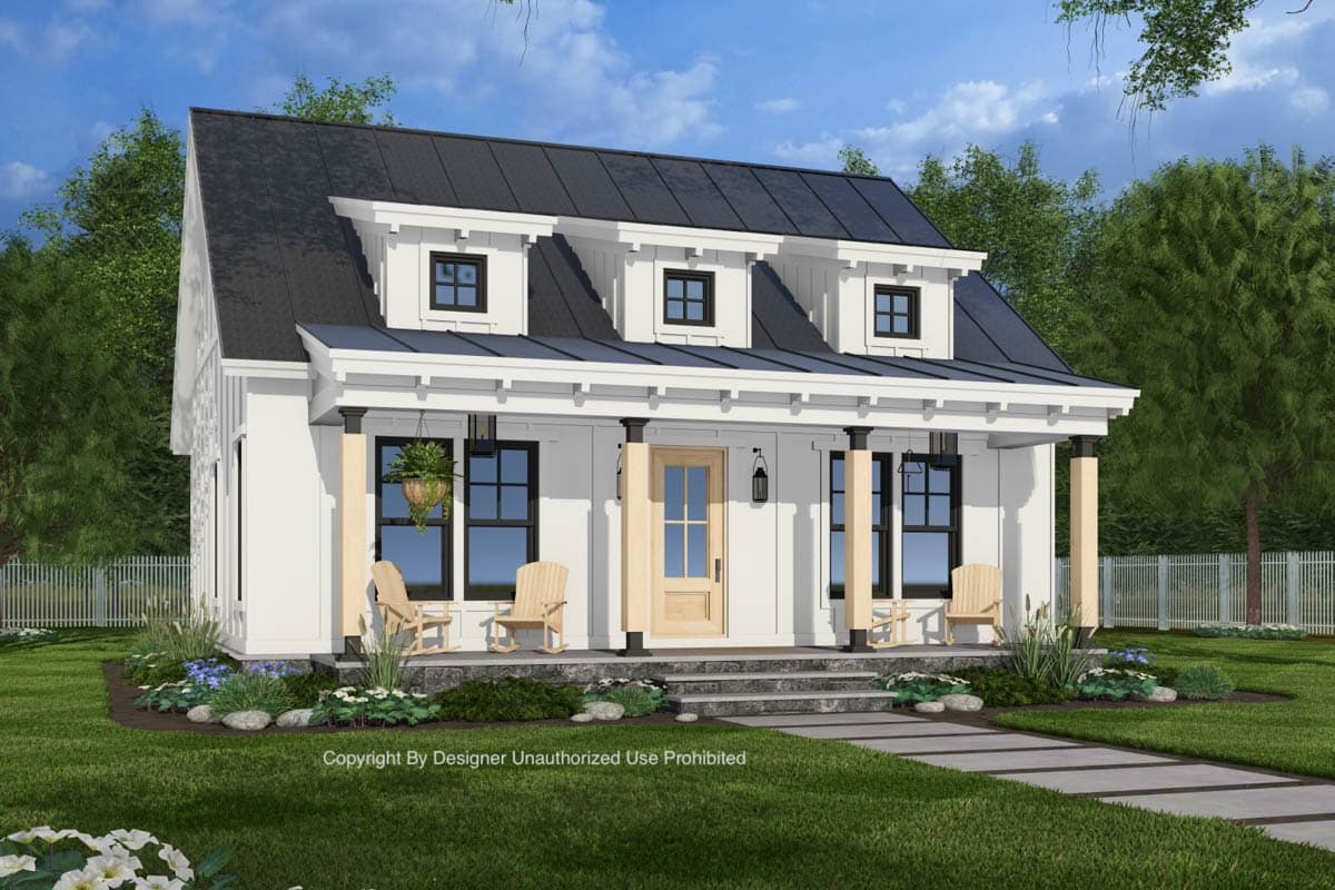 House plan exterior: Modern Farmhouse style, two stories, full-width porch, three dormers, and board-and-batten siding.