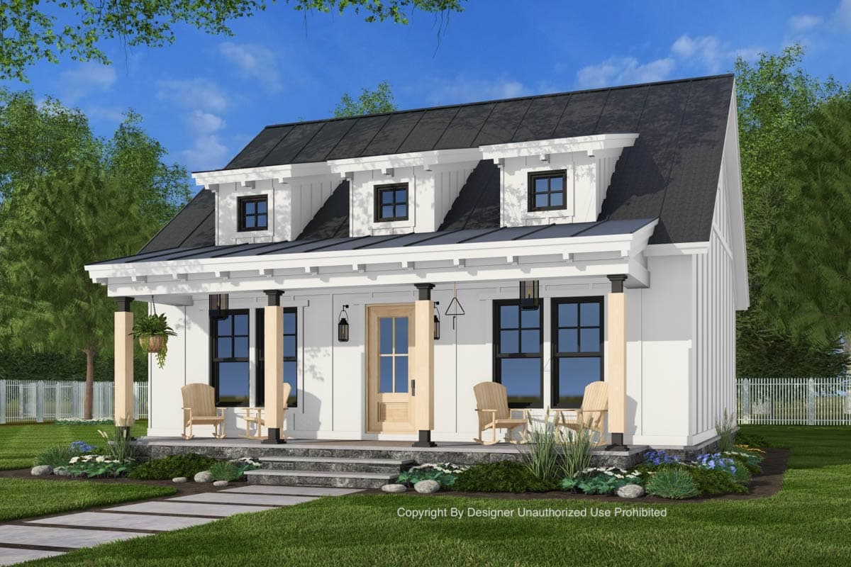 Modern Farmhouse house plan exterior with a gabled roof, three dormers, and a covered front porch with wooden posts.