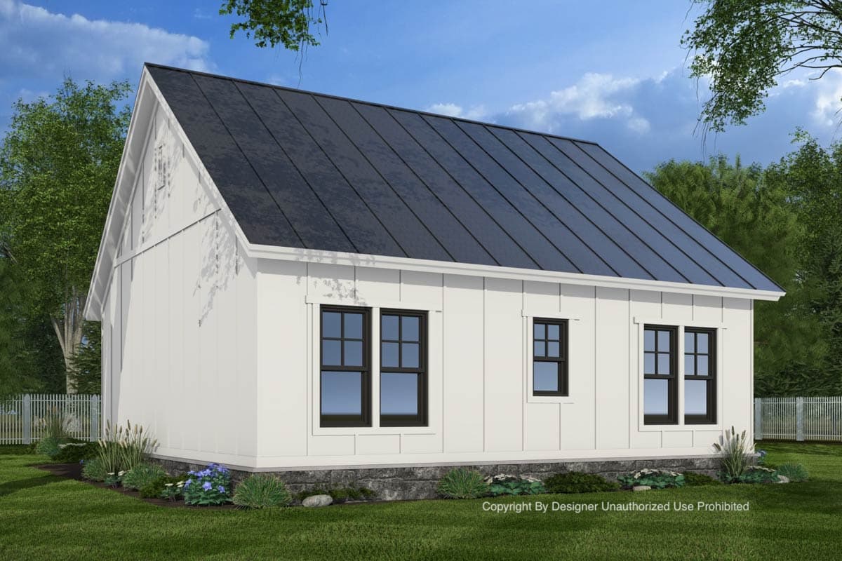 House plan exterior: Modern Farmhouse style, board and batten siding, metal roof, and gabled end.