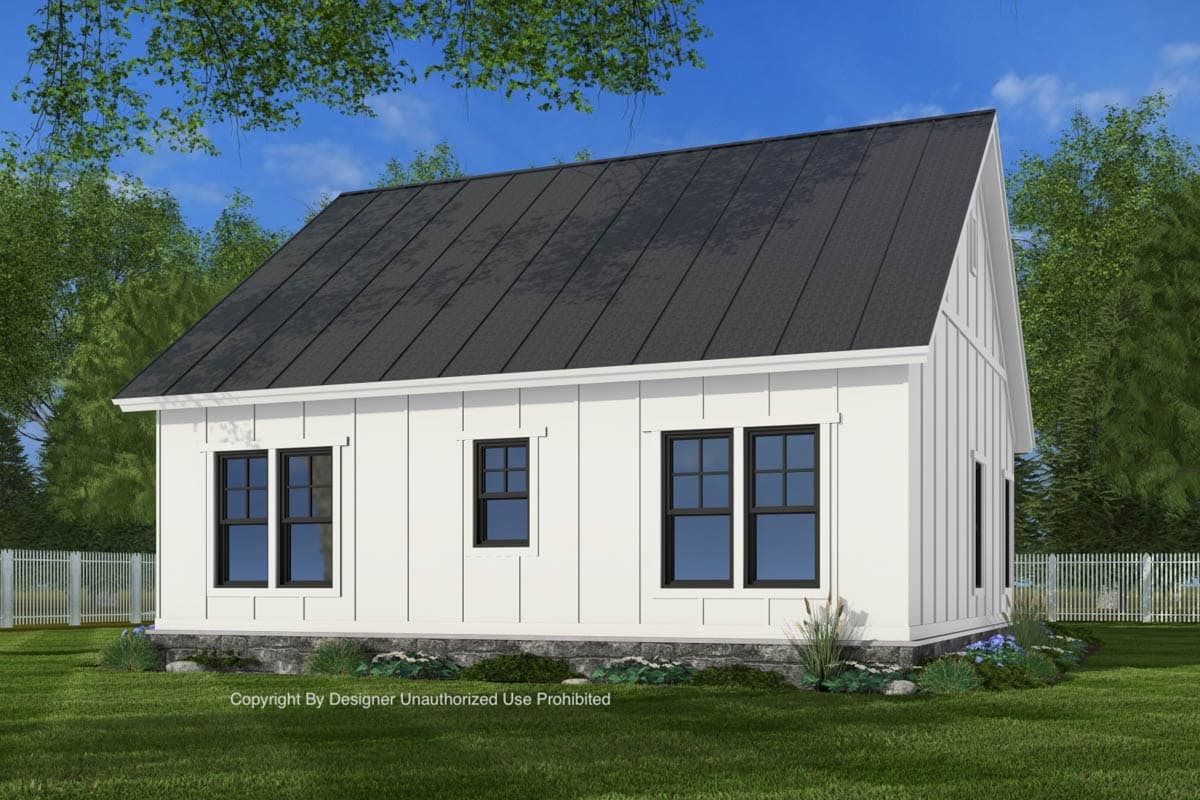 House plan exterior of a Modern Farmhouse style, one-story home with board-and-batten siding, a metal roof, and prominent gables.