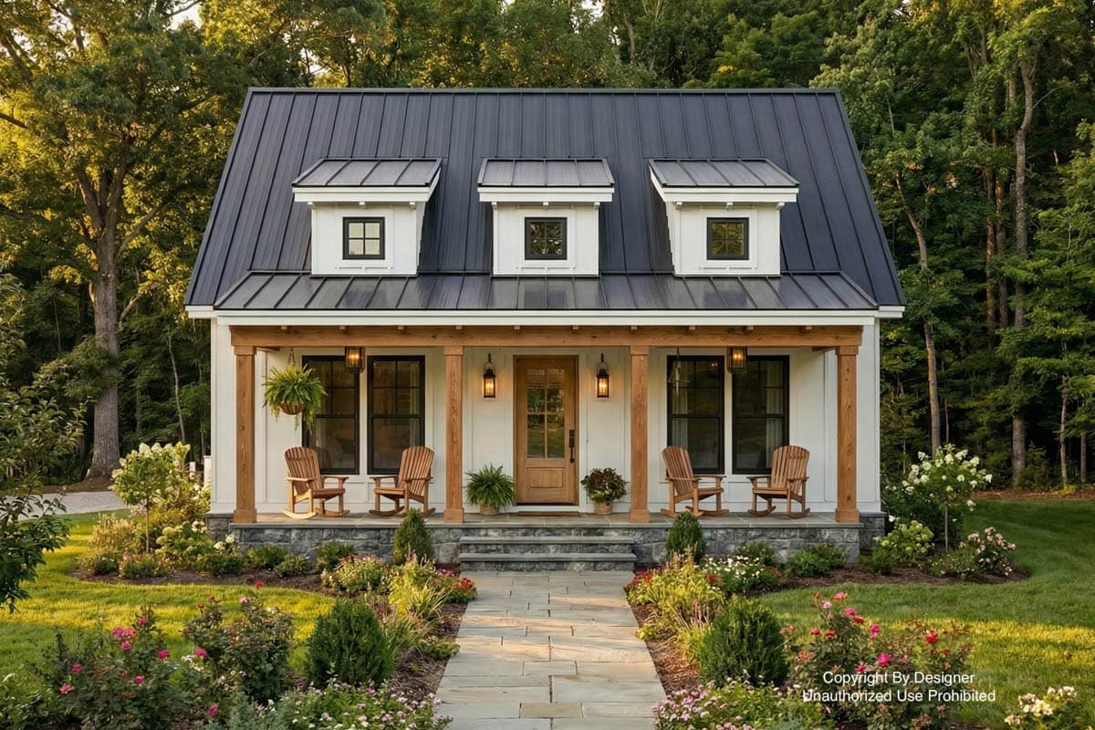 A charming, white farmhouse with a black metal roof, a welcoming porch with rocking chairs, and a lush garden in front.