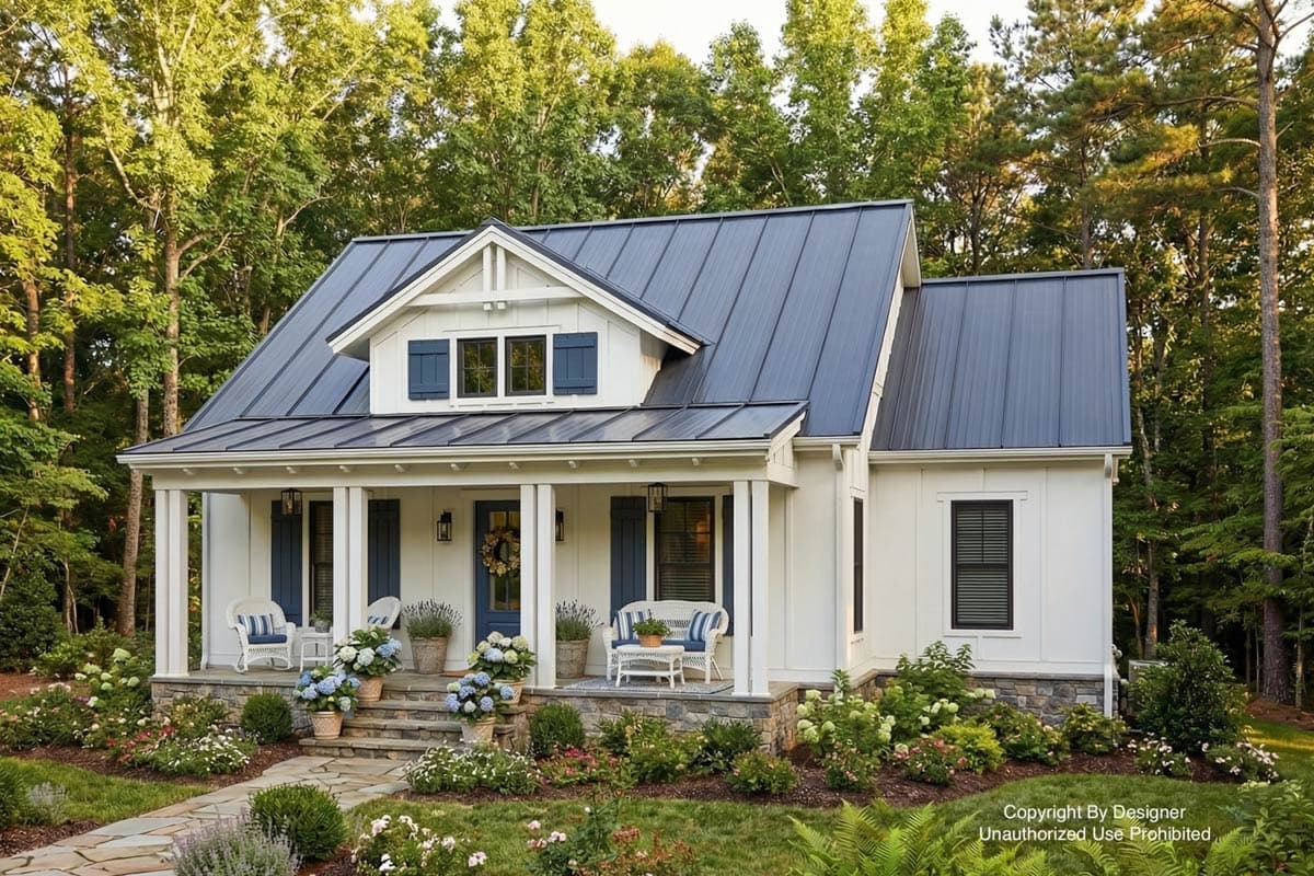 A white farmhouse with a dark metal roof and blue shutters sits among lush greenery. A porch with seating is decorated with flowers.