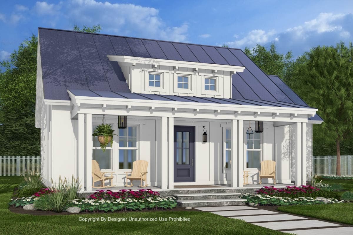 House plan exterior: Modern Farmhouse style, one story with a prominent front porch, a dormer with three windows, and a dark metal roof.