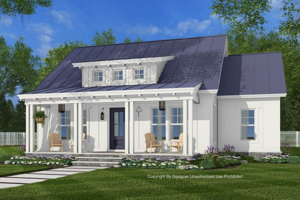 Modern Farmhouse house plan exterior with deep front porch, metal roof, gabled dormer with triple windows, and board and batten siding.
