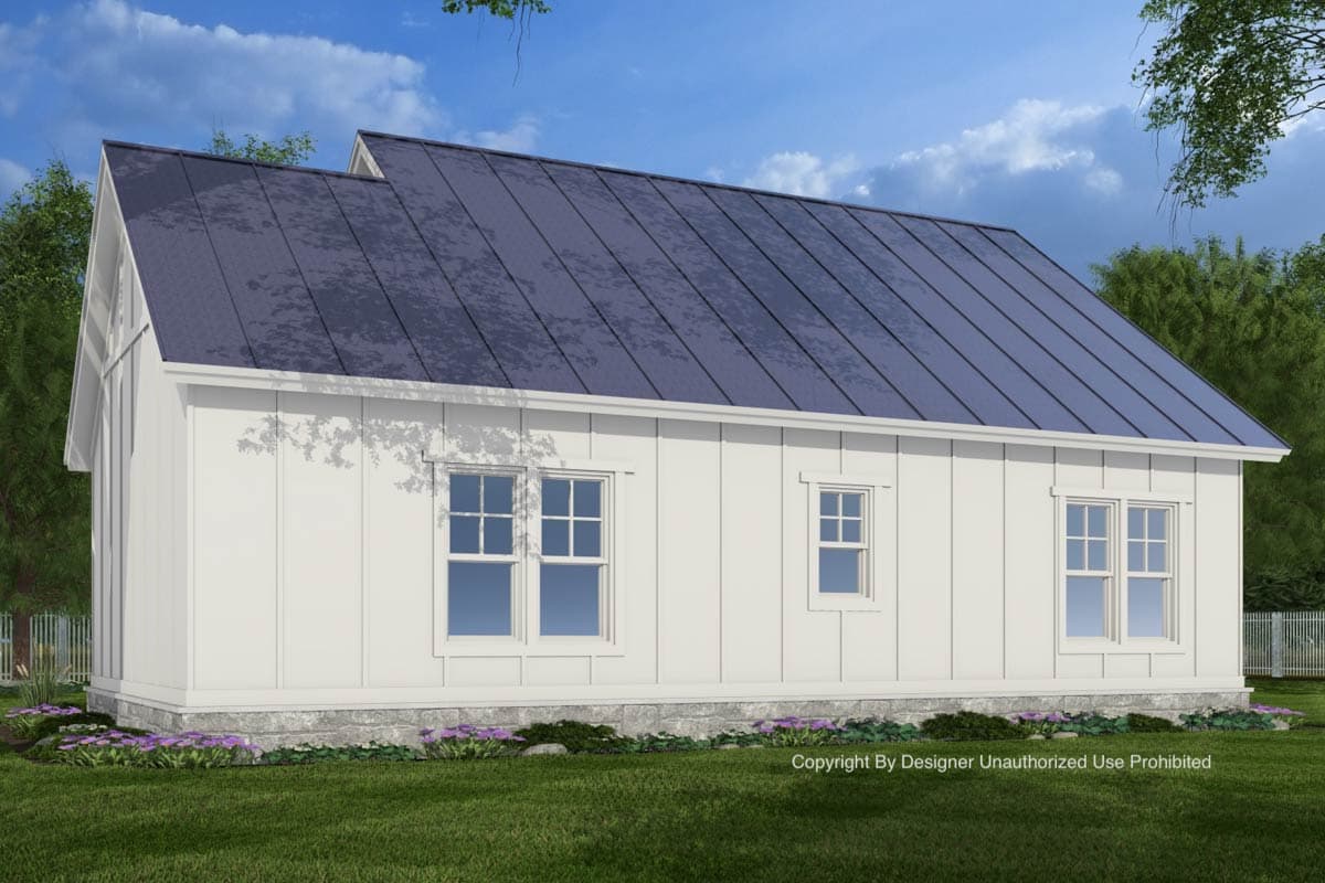 House plan exterior featuring a white board and batten siding, gabled dormer, and metal roof.