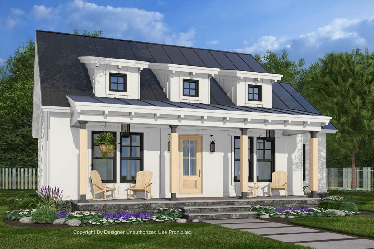 House plan exterior with a full-width covered porch, three dormers, and a dark metal roof.