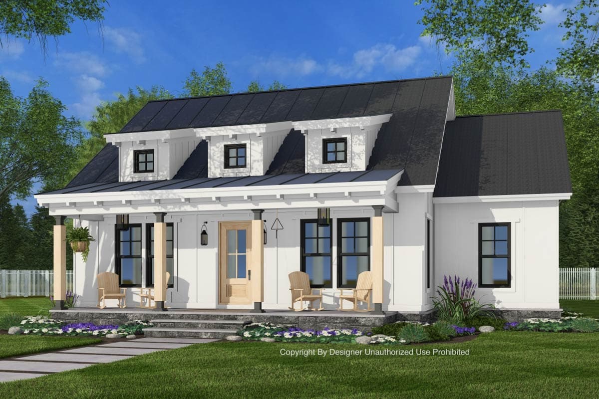 Modern Farmhouse house plan exterior with a covered porch, dormers, and a metal roof.