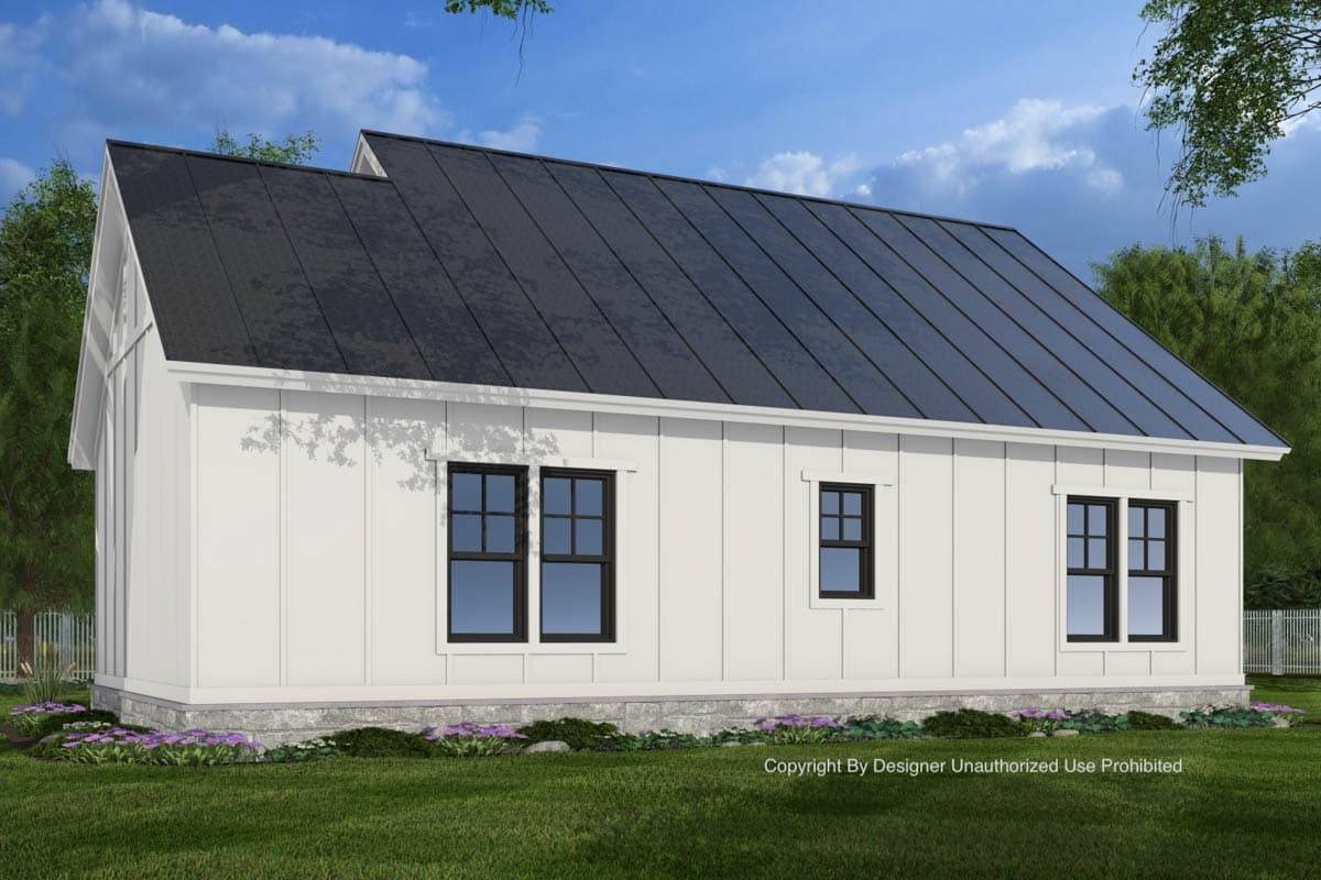 House plan exterior: Modern Farmhouse style, one story, with white board-and-batten siding, black metal roof, and stone foundation.