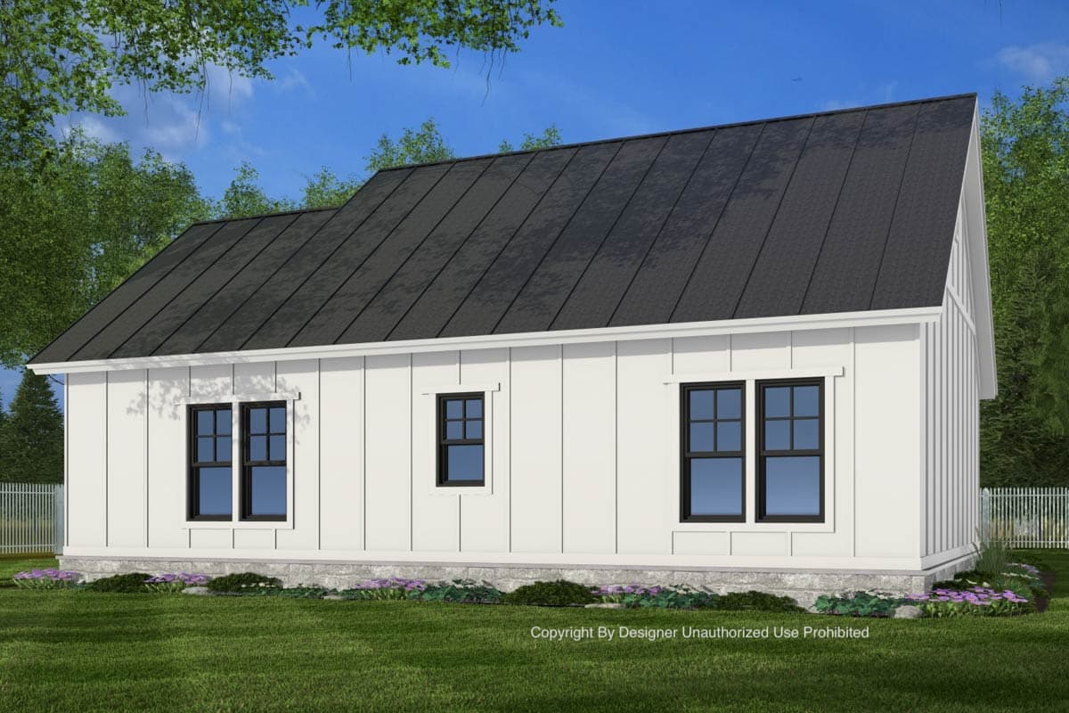 House plan exterior: Modern farmhouse style, one story, white board and batten siding, metal roof, stone foundation.