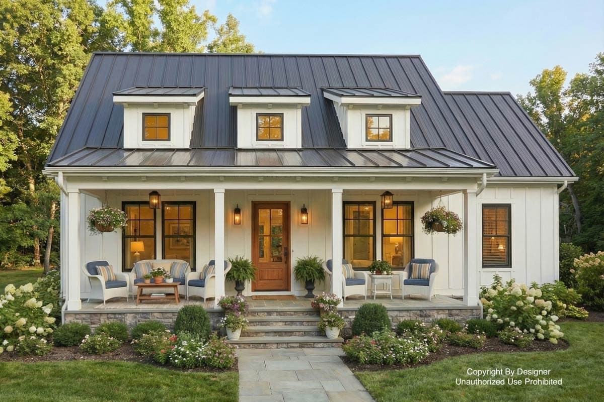 A white farmhouse with a black metal roof features a front porch with seating and hanging baskets. Landscaping surrounds the porch steps.
