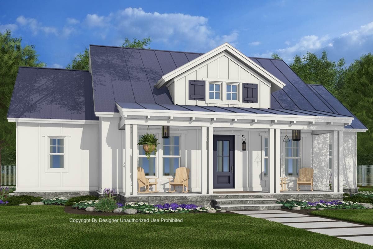 Modern Farmhouse house plan exterior with wide front porch, dormer with shutters, and metal roof.
