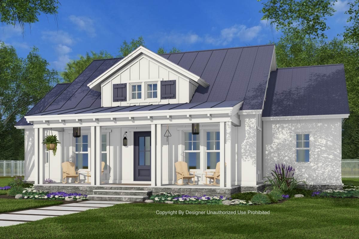 Modern Farmhouse house plan exterior. Two stories, gable dormer with shutters, wraparound porch with porch swing.