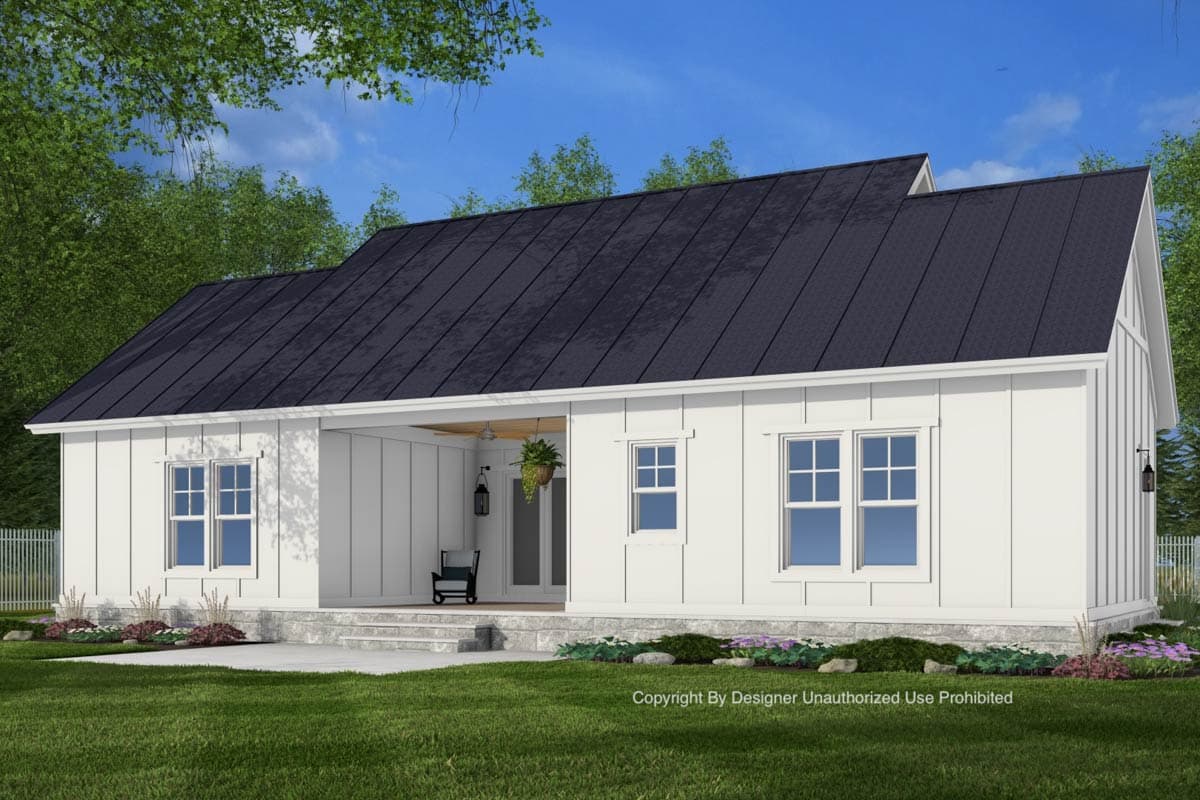 Modern Farmhouse house plan exterior: one story, dark metal roof, board and batten siding, covered front porch with stone steps.