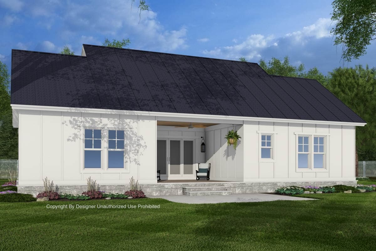 Modern Farmhouse style house plan exterior. Single-story with a dark metal roof, board and batten siding, and a covered porch.