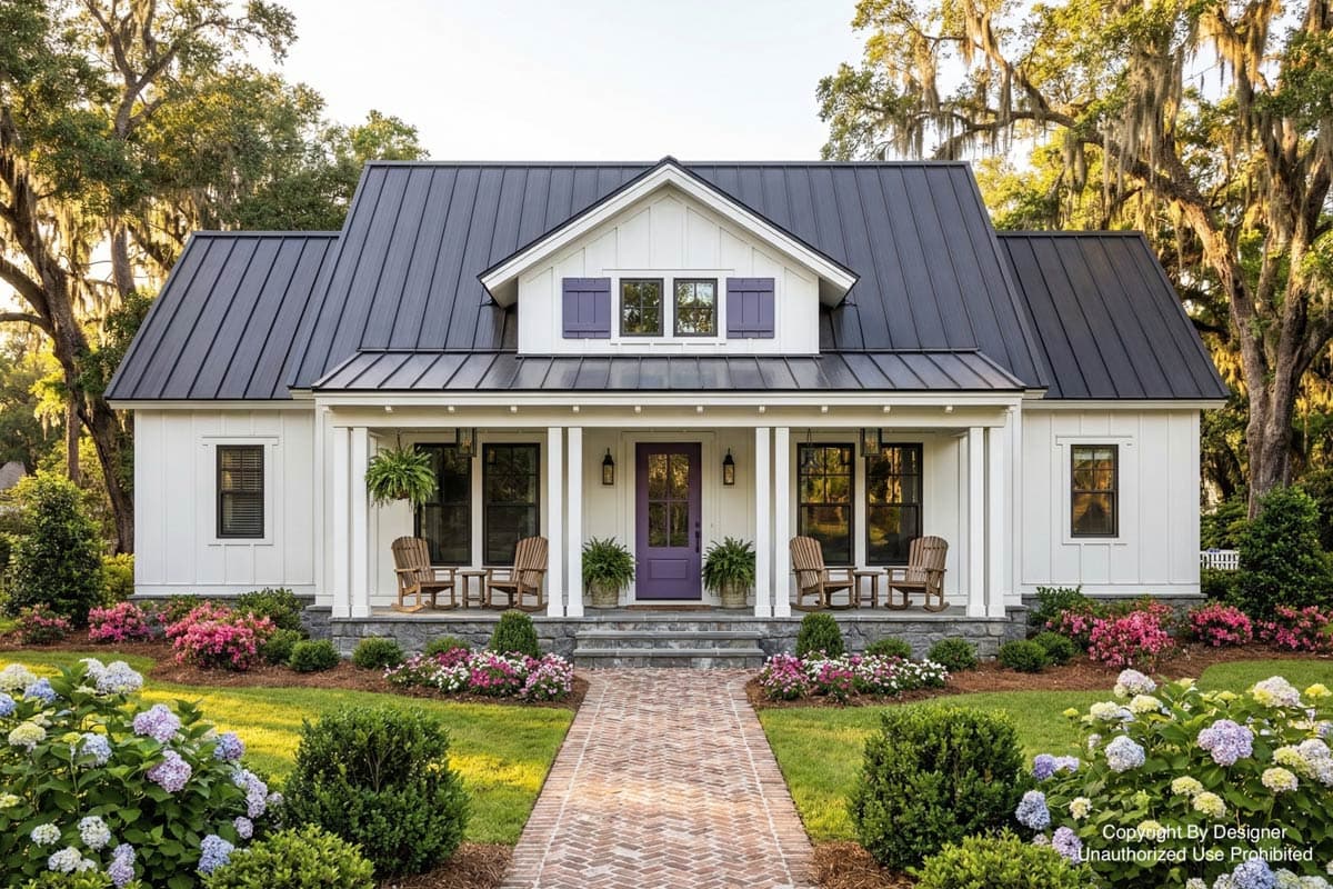 A white farmhouse with a black metal roof, purple door and shutters, and a brick pathway leading to the front porch with wooden chairs.